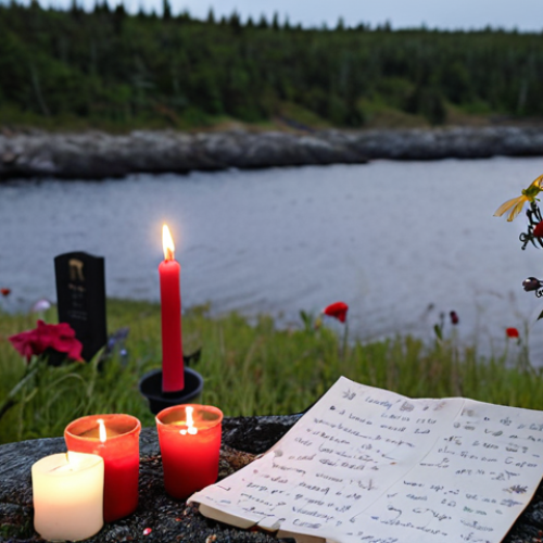 **

A somber scene in Portapique, Nova Scotia, depicting a memorial for the 22 victims of the 2020 mass shooting. Soft, diffused lighting. Focus on flowers, candles, and handwritten notes expressing grief and remembrance. Background shows a blurred, peaceful Canadian landscape. Style: Realistic, poignant.

**