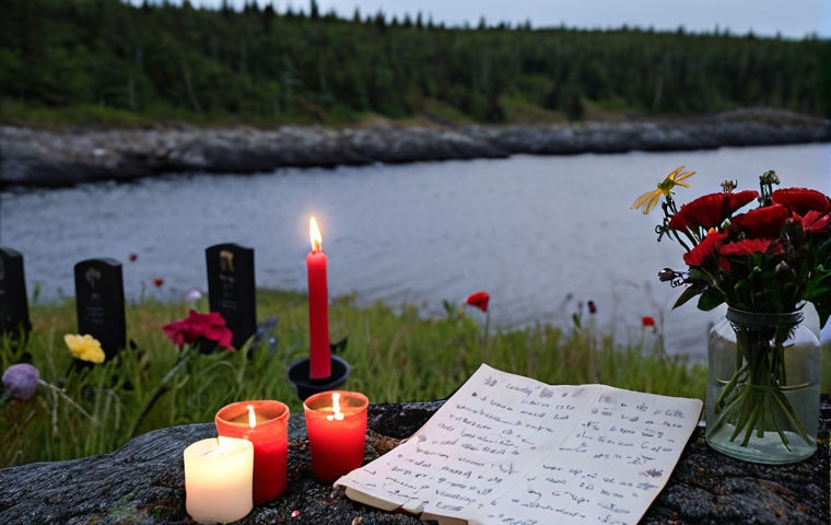 **

A somber scene in Portapique, Nova Scotia, depicting a memorial for the 22 victims of the 2020 mass shooting. Soft, diffused lighting. Focus on flowers, candles, and handwritten notes expressing grief and remembrance. Background shows a blurred, peaceful Canadian landscape. Style: Realistic, poignant.

**